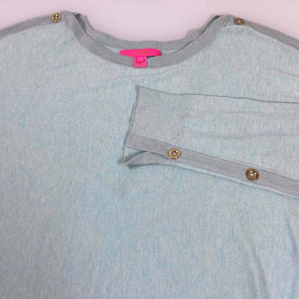 Lilly Pulitzer Women L Blue Cotton Coolmax Button Shoulder Sweater Metallic FLAW